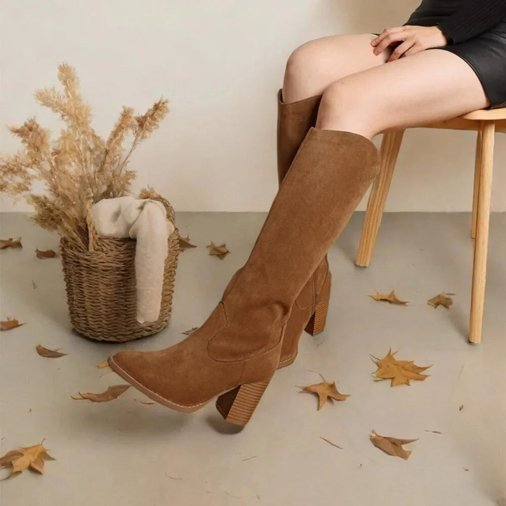 🆕Womens Suede Brown Side Zipper Knee High Pointed Toe Chunky Heel Tall Boots